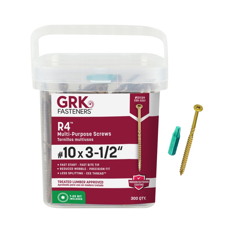 GRK Fasteners R4#10 x 3-1/2 Inch, Multi-Purpose Framing Screws, 300 PCS, Rust Resistant Climatek Coating, Outdoor Fencing and Deck Screws, Fast Bite Tip, Star Drive Recess, T-25 Bit Included, Gold - Image 1
